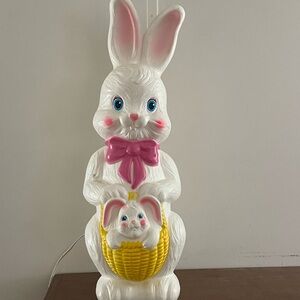White and Pink Easter Bunny Lamp with Yellow Basket